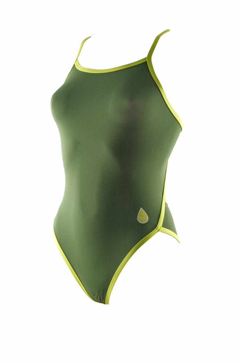 Maillot de bain femme 1 pièce - PMR Classic - Kaki/ bretelles Jaune fluo