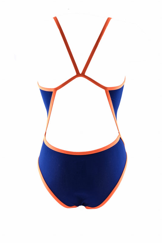 Maillot de bain femme 1 pièce - PMR Classic - Bleu marine/ bretelles Orange